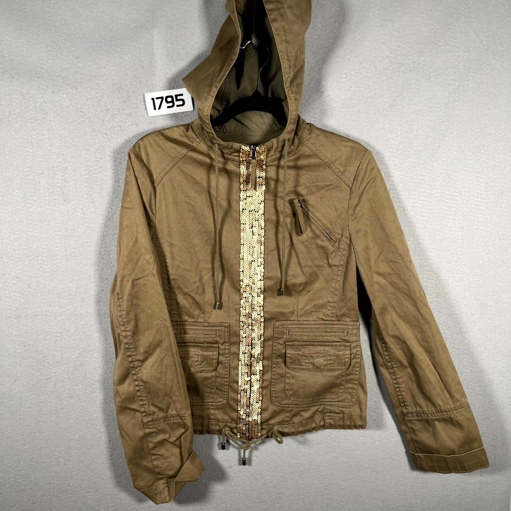 BCBGMAXAZRIA Utility Jacket Womens Small Brown Sequin‎ Trim Hooded Full Zip